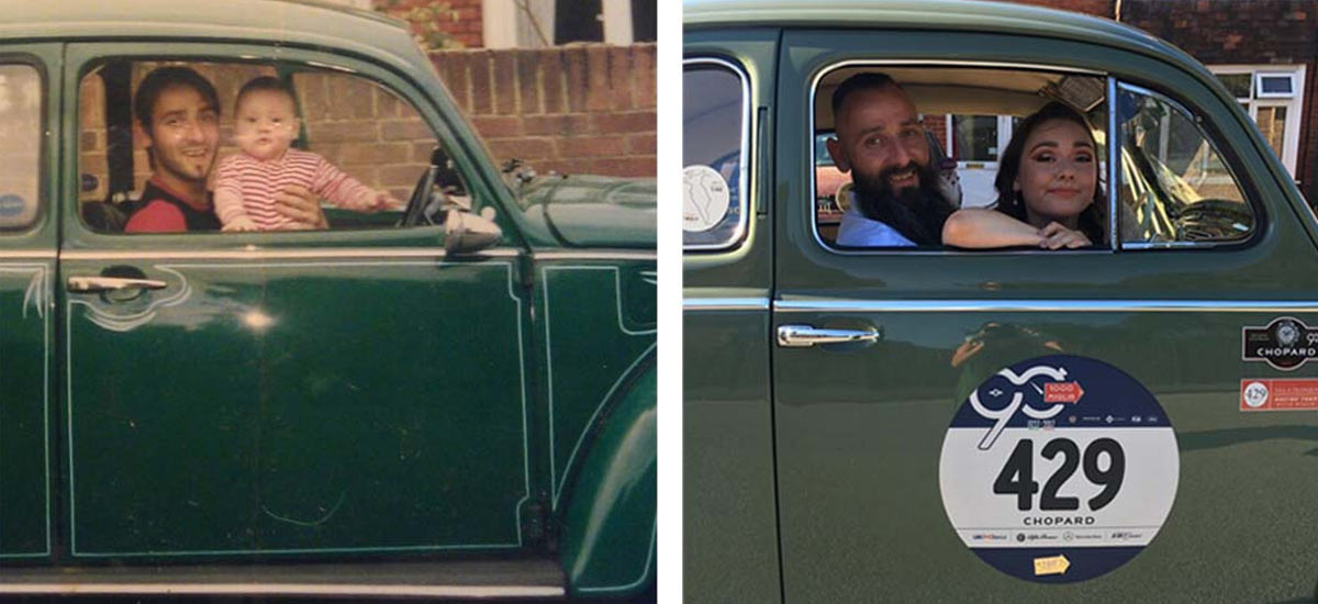 Chet with his daughter and Beetle years apart