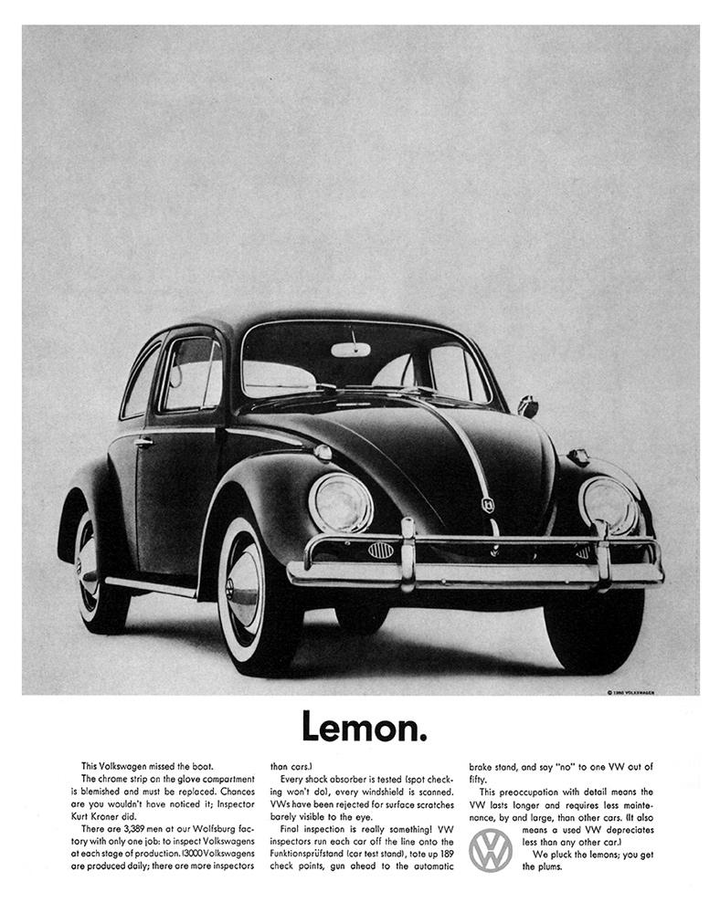 Lemon-advertising-for-the-Volkswagen-Beetle-1960-by-Doyle-Dane-Bernbach VW Ad - Lemon