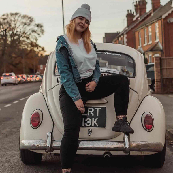 Meg with her Beetle, Earl