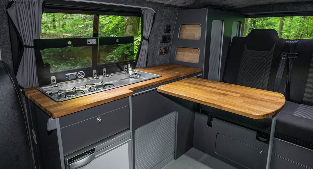 The interior of a converted campervan