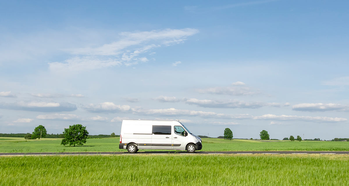 Campervan driving through the countryside