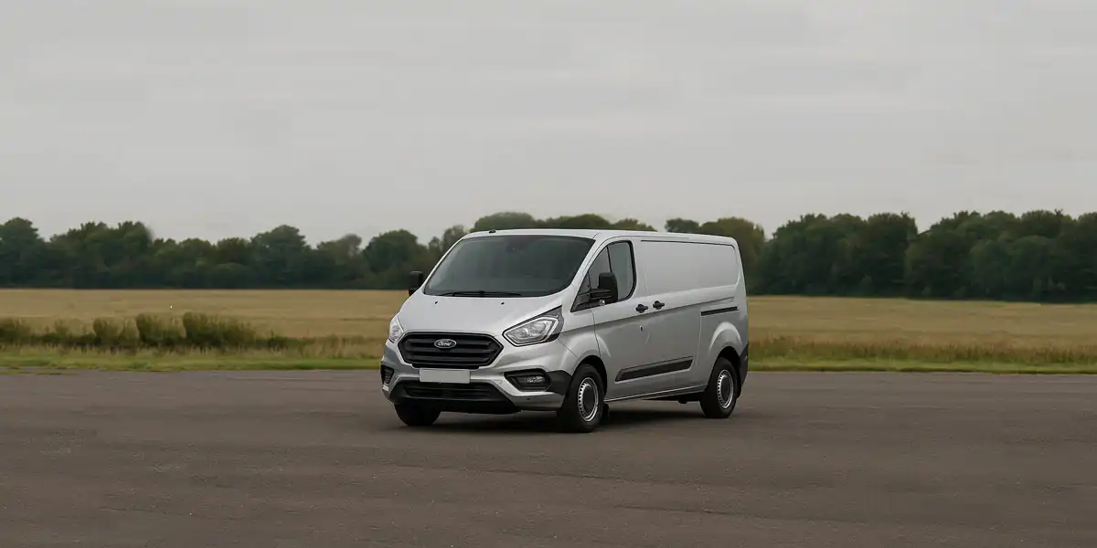 Ford-Transit-Custom- Silver Ford Transit Custom on the tarmac beside a field