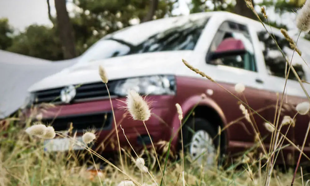 JKI25-Camper-Hire-Image-Header-1 A low angle photo of a white and red VW Transporter, with grass in the foreground
