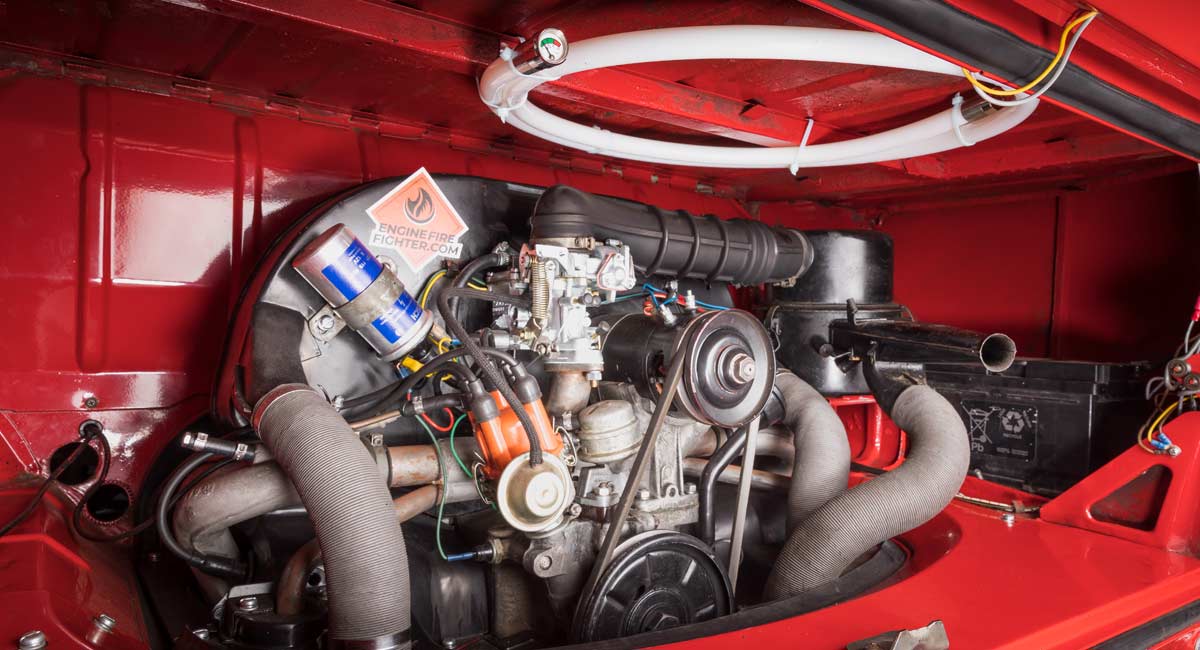 A classic VW T2 campervan fitted with an engine fire fighter from Just Kampers