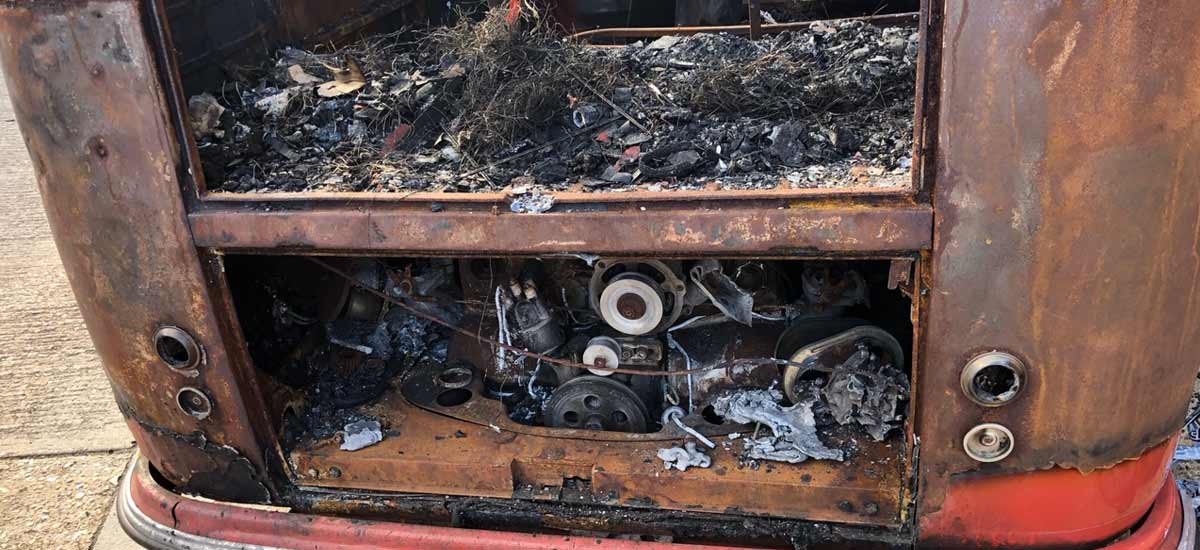 Classic VW camper engine after an engine fire