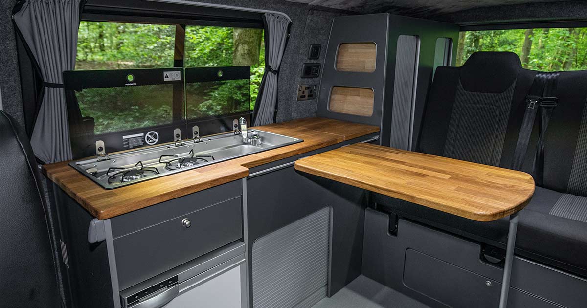 Inside a converted campervan