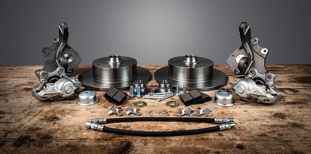 A disc brake conversion kit, which allows you to replace the drum brakes in a classic car with a set of disc brakes