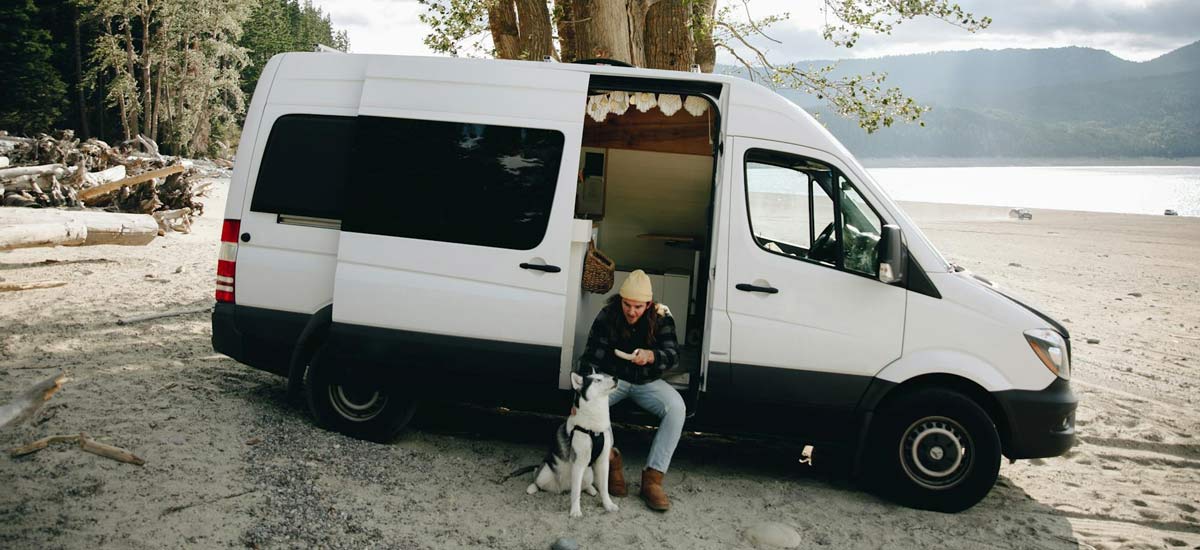 Vanlifer and his dog on the beach