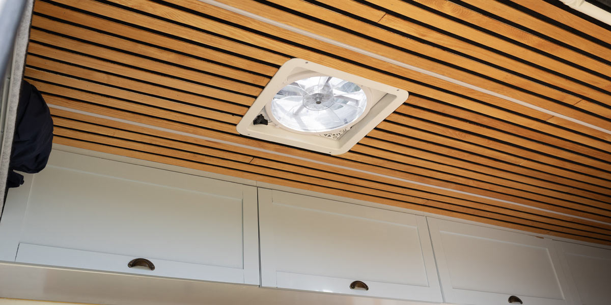 A roof vent in a converted camper