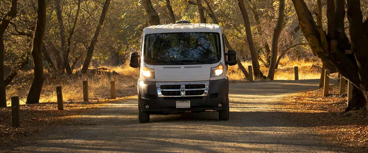 Van driving through the trees