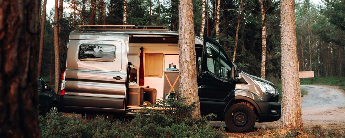 Campervan parked in the forest