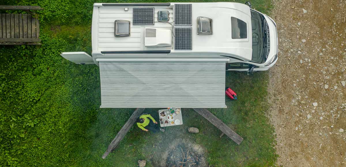 Overhead shot of a motorhome at a campsite